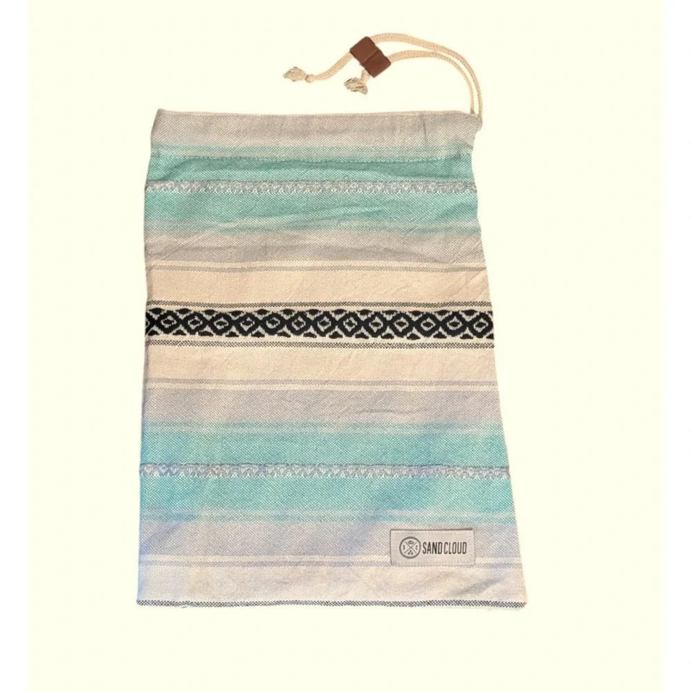 Sand Cloud Woven Drawstring Bag Turquoise Striped Tribal Beach Pouch 17x11